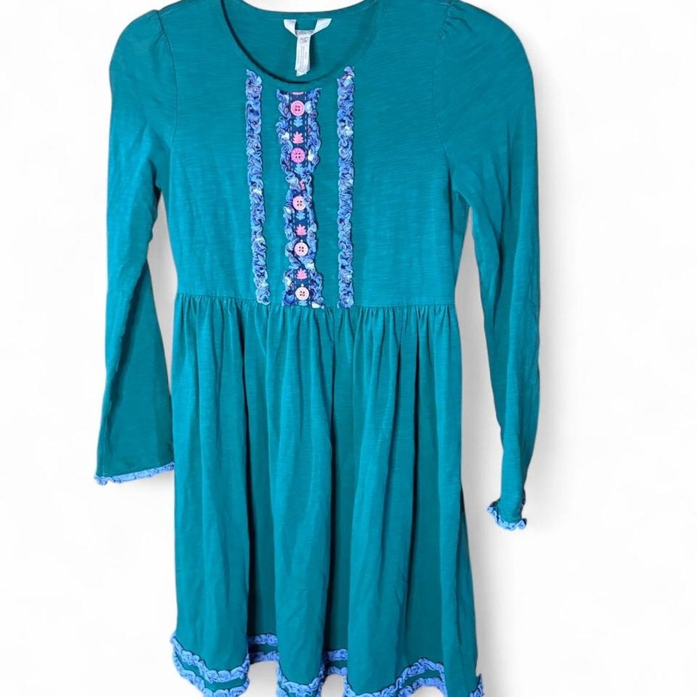 Matilda Jane Teal Floral Embroidered Lace Trim Long Sleeve Dress Size 12